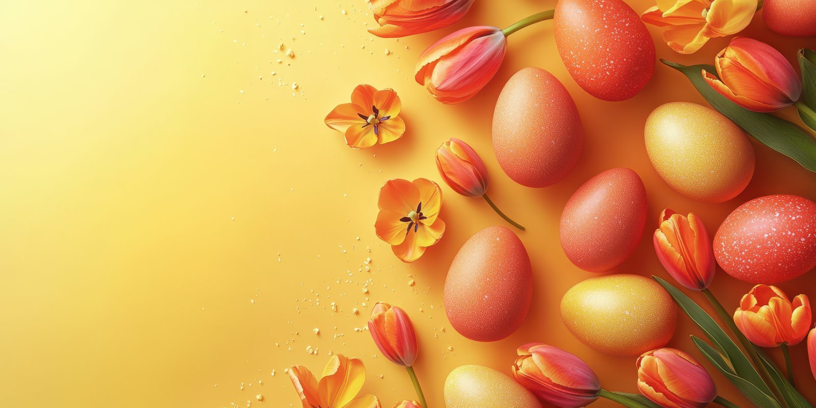 Colorful spring celebration with decorated eggs and vibrant flowers on a bright yellow background